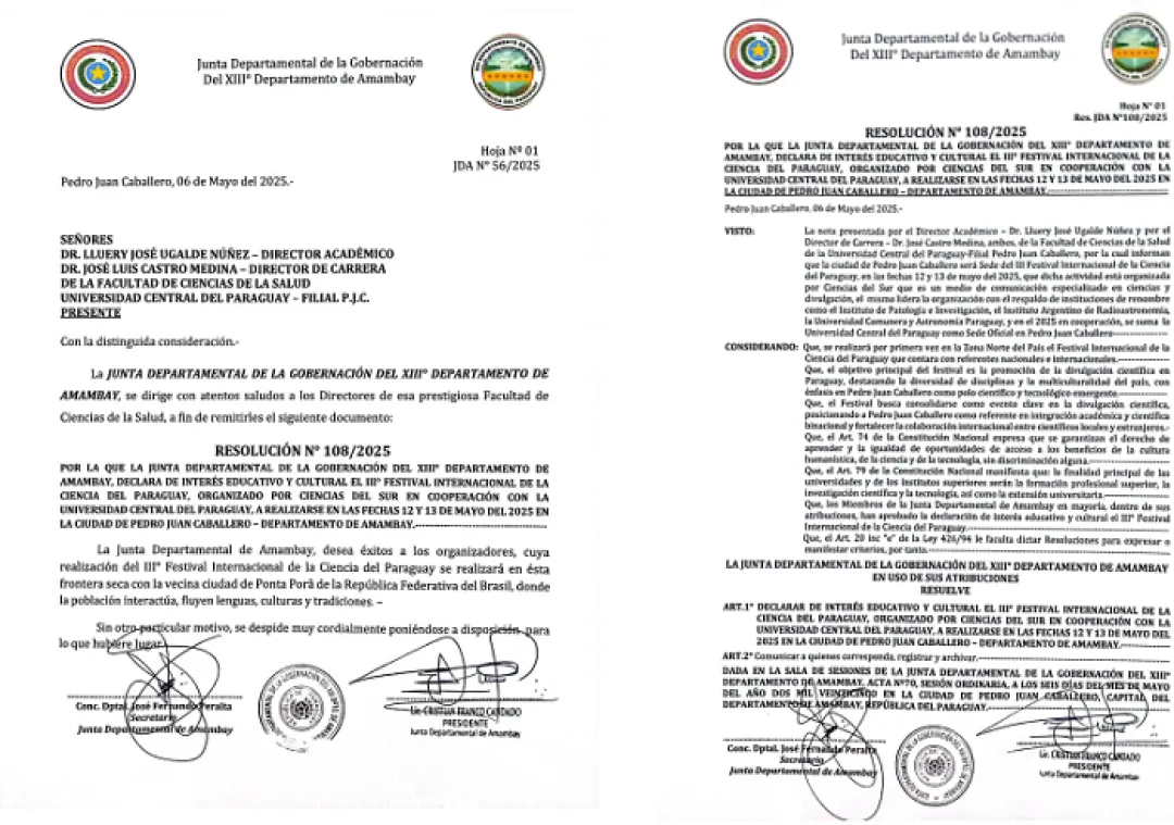 La Junta Departamental de Amambay declara de interés educativo, cultural y departamental el 3° Festival Internacional de Ciencias del Paraguay