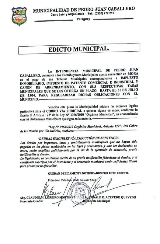 Municipalidad de Pedro Juan insta a contribuyentes a ponerse al día con sus tributos y evitar inconvenientes