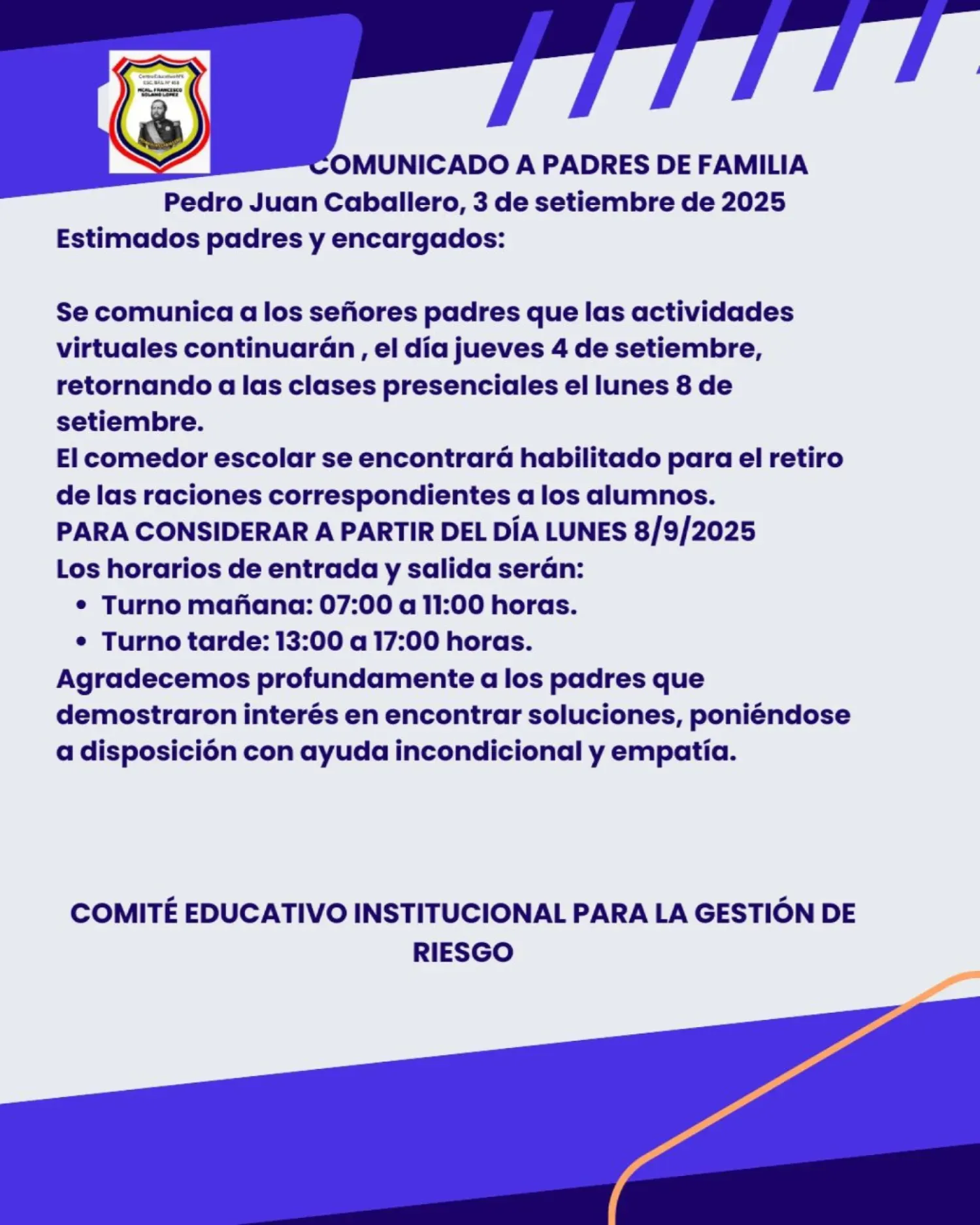 Escuela Mariscal López retoma clases presenciales el lunes 8 de septiembre