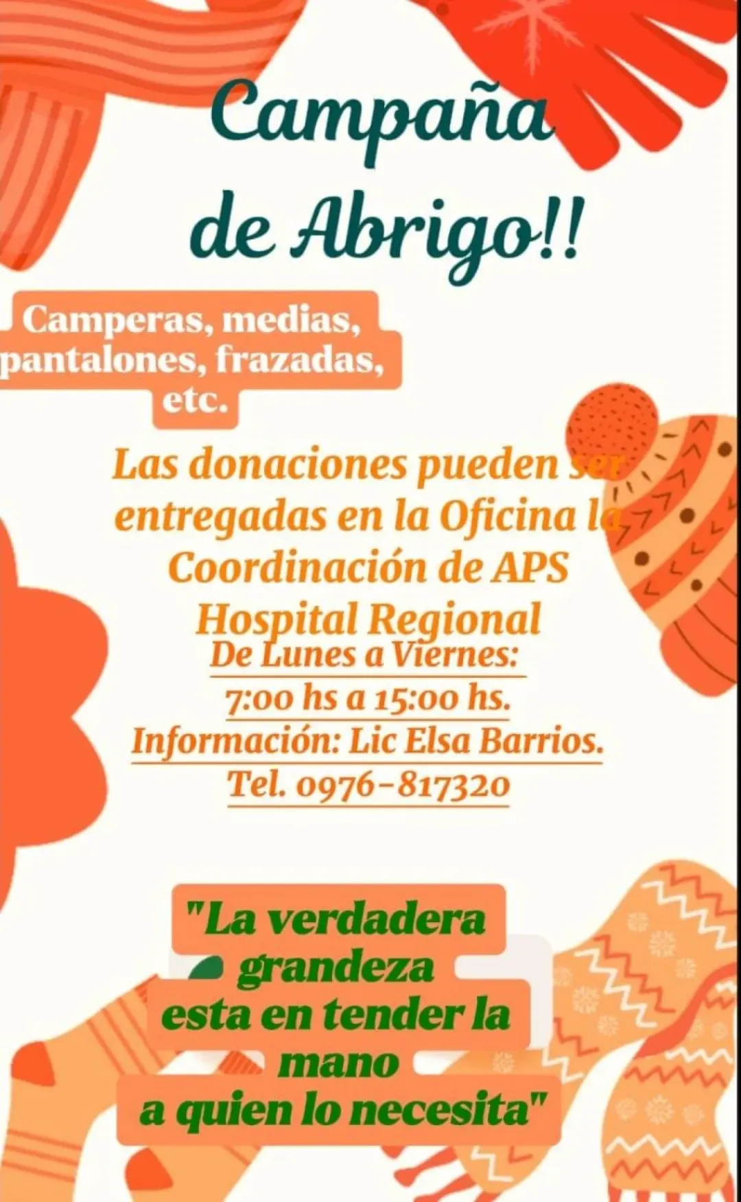 Se pone en marcha campaña de recolección de ropas, abrigos de parte del Hospital Regional de nuestra ciudad