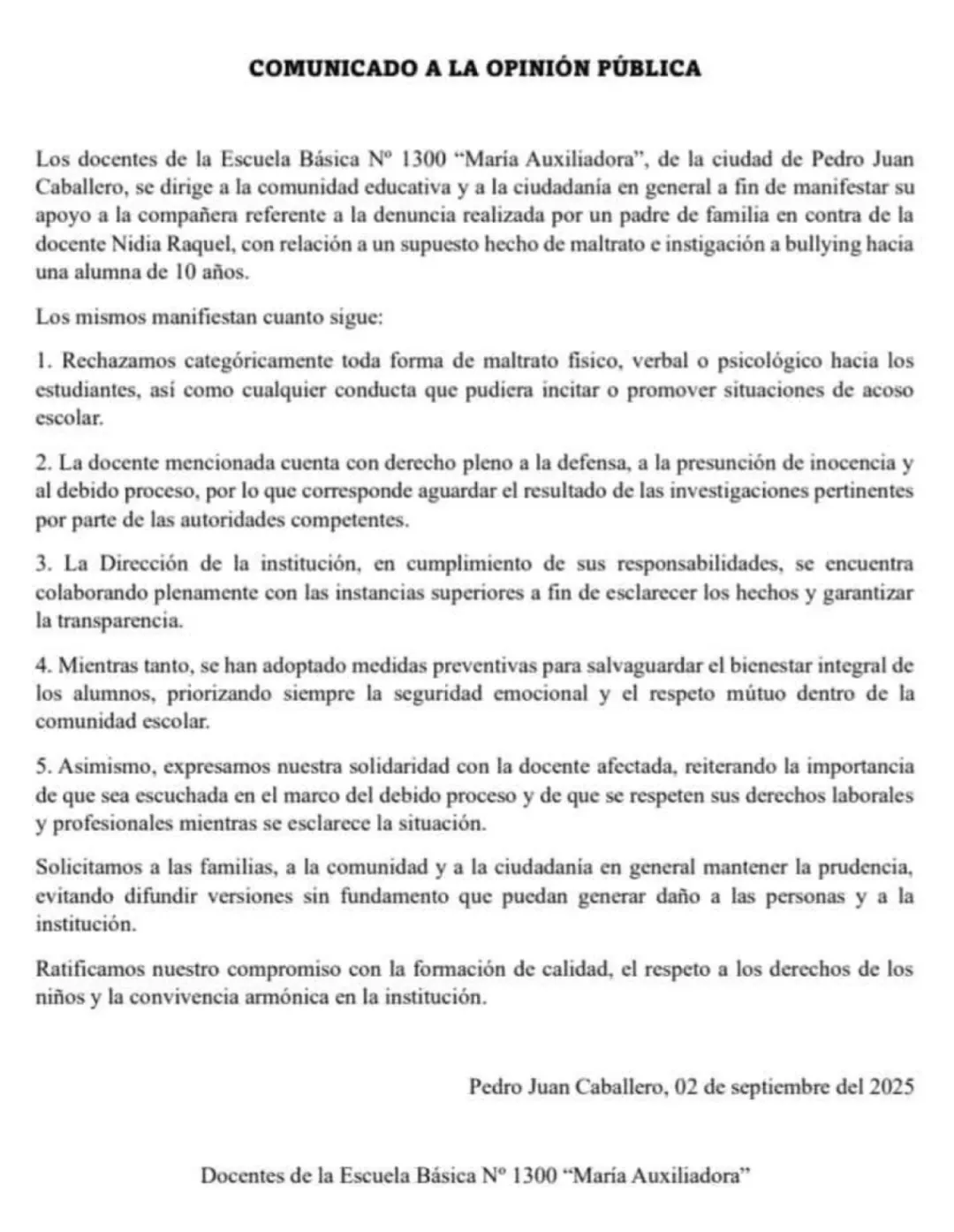 Escuela María Auxiliadora emite comunicado en apoyo a docente denunciada