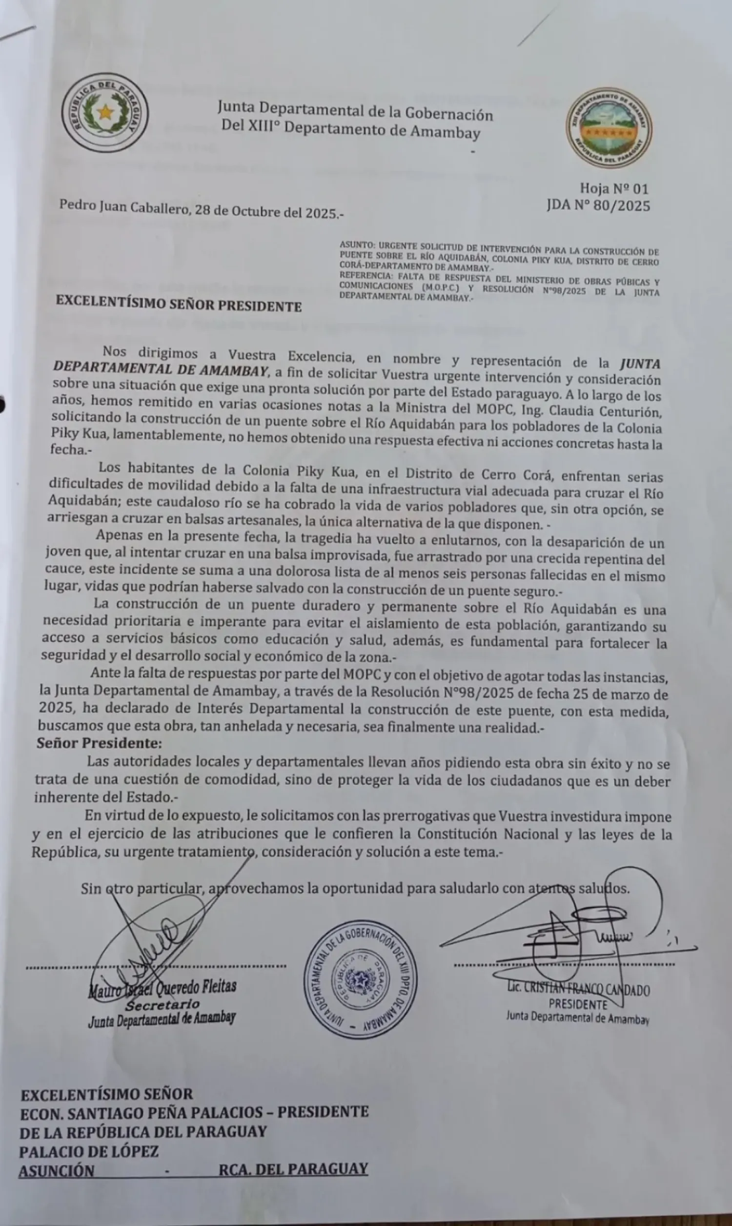 Junta Departamental pide urgente intervención para construir puente en la Colonia Piky Kua