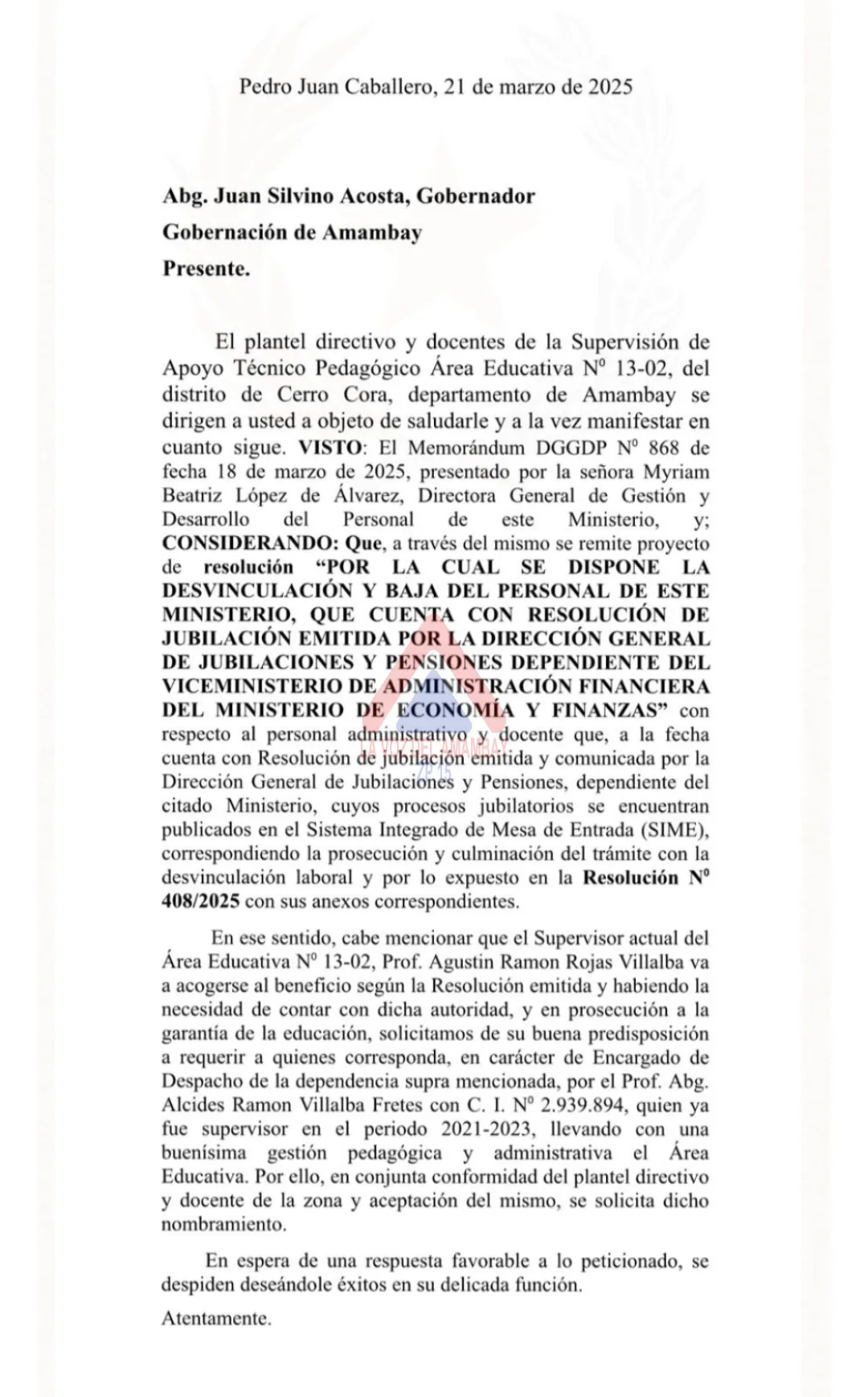 Supuestos docentes de Cerro Cora piden por un cuestionado profesor al gobernador para asumir el cargo de supervisor