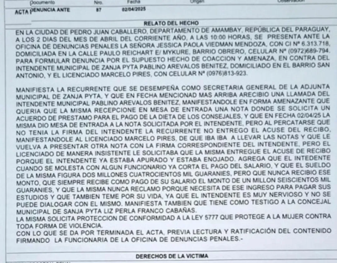 Denuncia por coacción y amenaza contra Intendente de Zanja Pytã