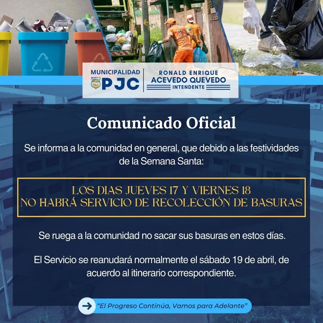 Jueves y Viernes Santo no habrá recolección de basura