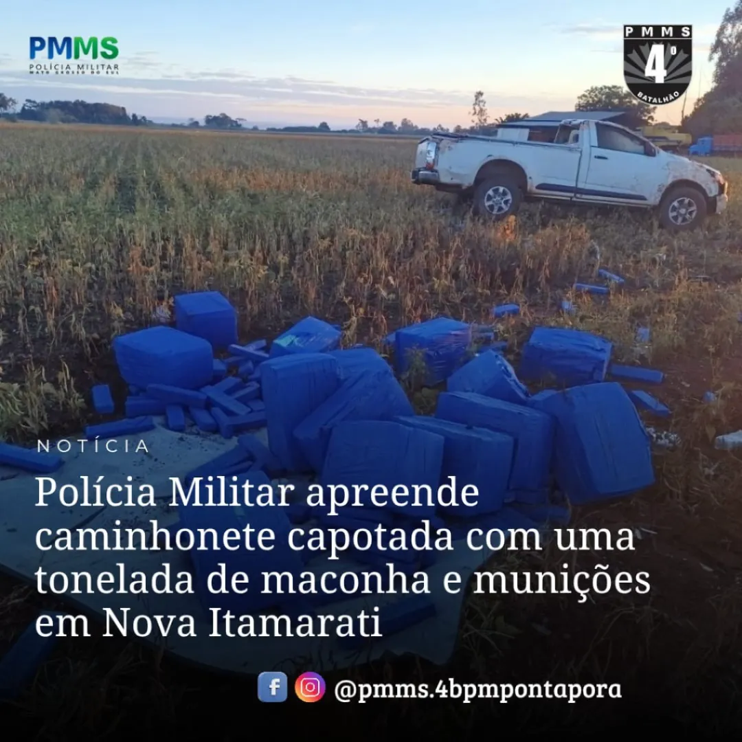 PONTA PORA: Policía Militar incauta una camioneta volcada con una tonelada de marihuana y municiones en Nova Itamarati