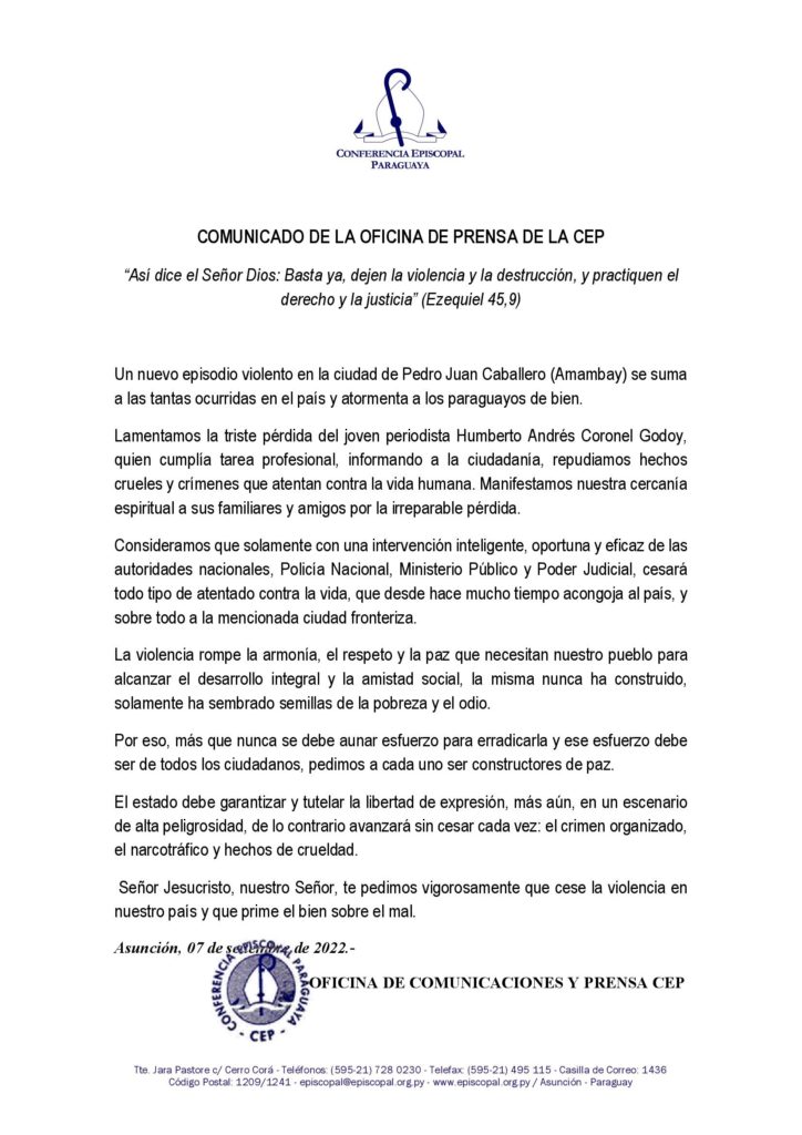 Iglesia pide acciones "inteligentes, oportunas y eficaces" tras asesinato de periodista