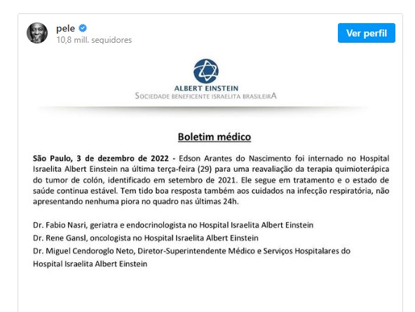 Pelé da un mensaje alentador: “Estoy fuerte, con mucha esperanza”