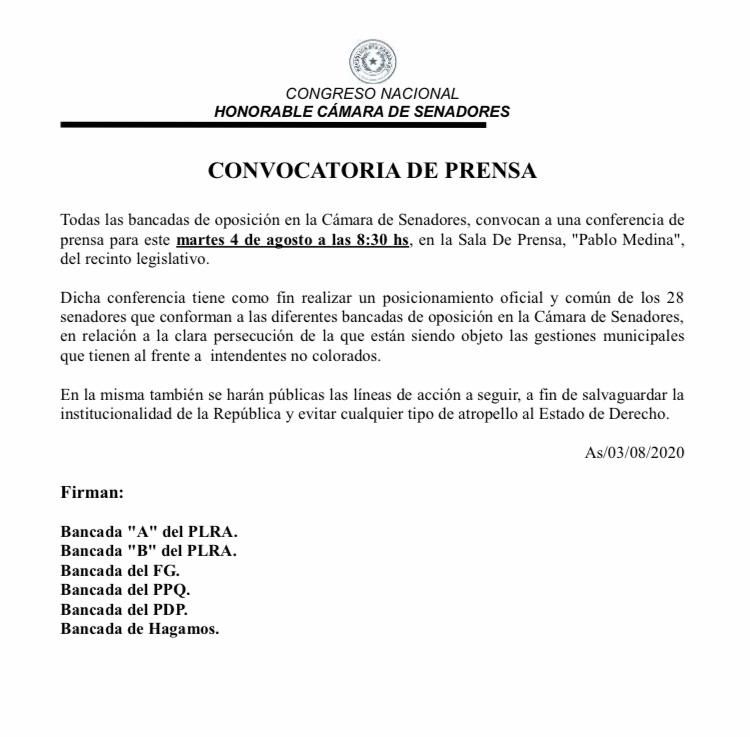 Bancadas opositoras del Senado se pronunciarn sobre persecucin poltica a intendentes no colorados