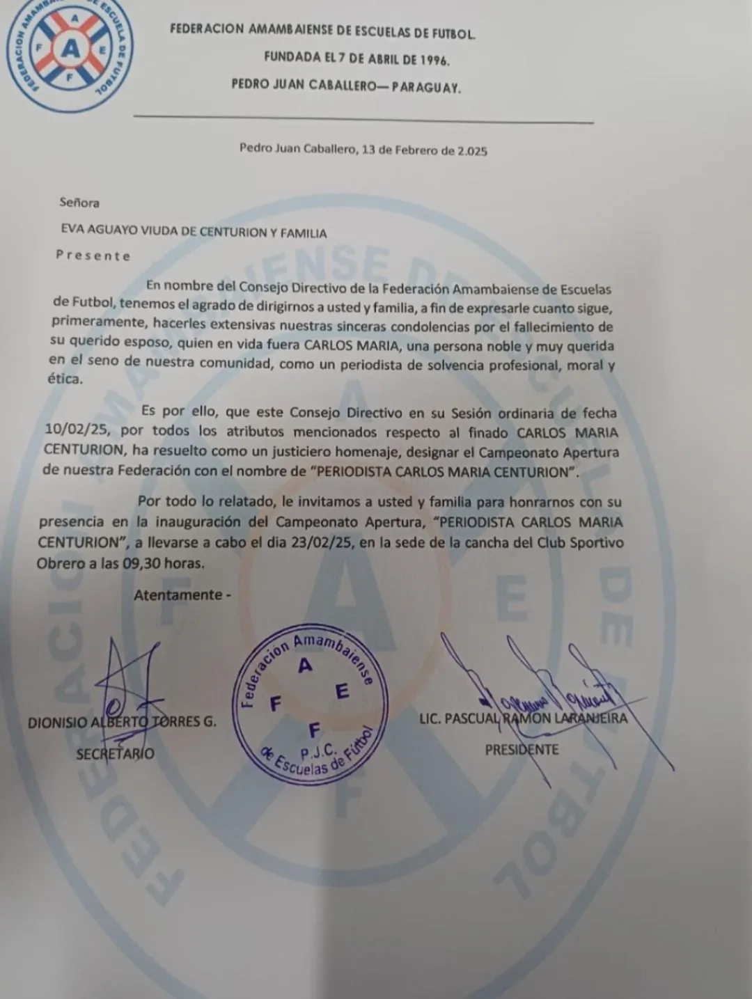 Campeonato Apertura de Escuelas de Fútbol llevará de dominación “Periodista Carlos María Centurión”