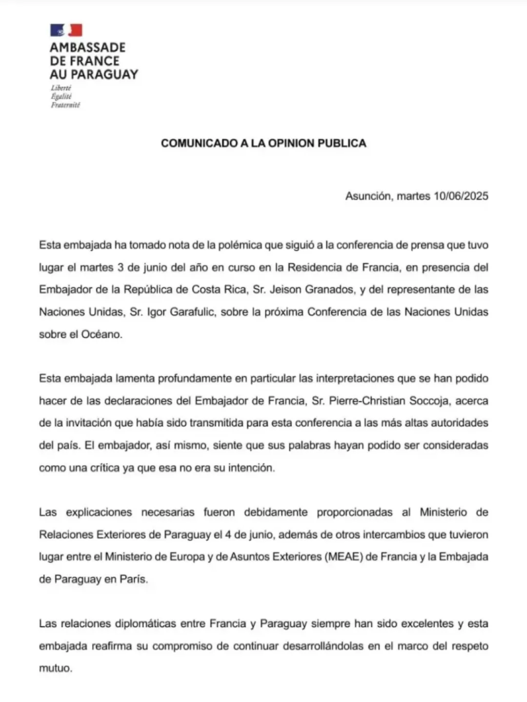 Francia lamenta que declaraciones de su diplomático hayan sido tomadas como críticas