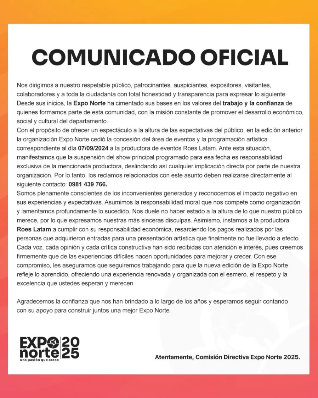 Comunicado de la EXPO NORTE con relación a evento no realizado el año pasado