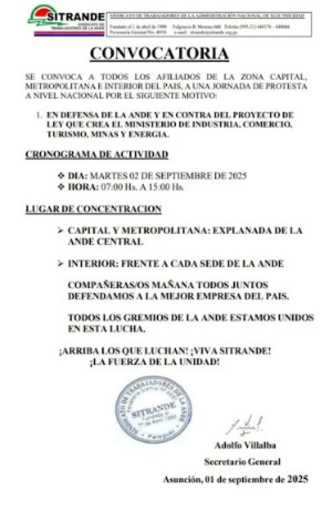 Sitrande convoca a movilización contra la creación del Ministerio de Industria, Minas y Energía