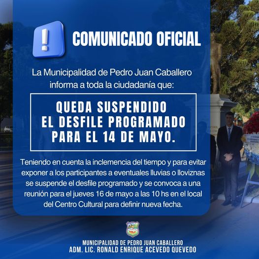 Queda postergado el desfile del 14 de mayo en Pedro Juan Caballero