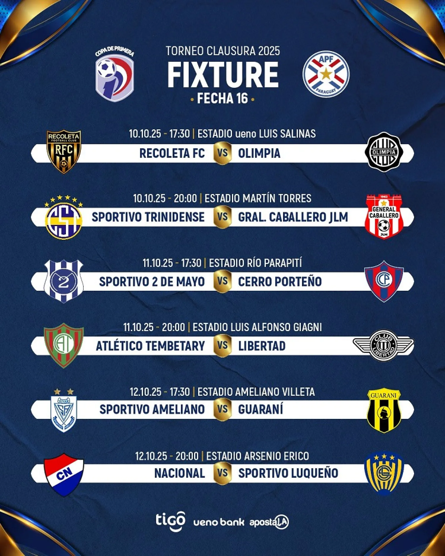 Olimpia abre otra fecha de la copa de Primera 10 de octubre de 2025