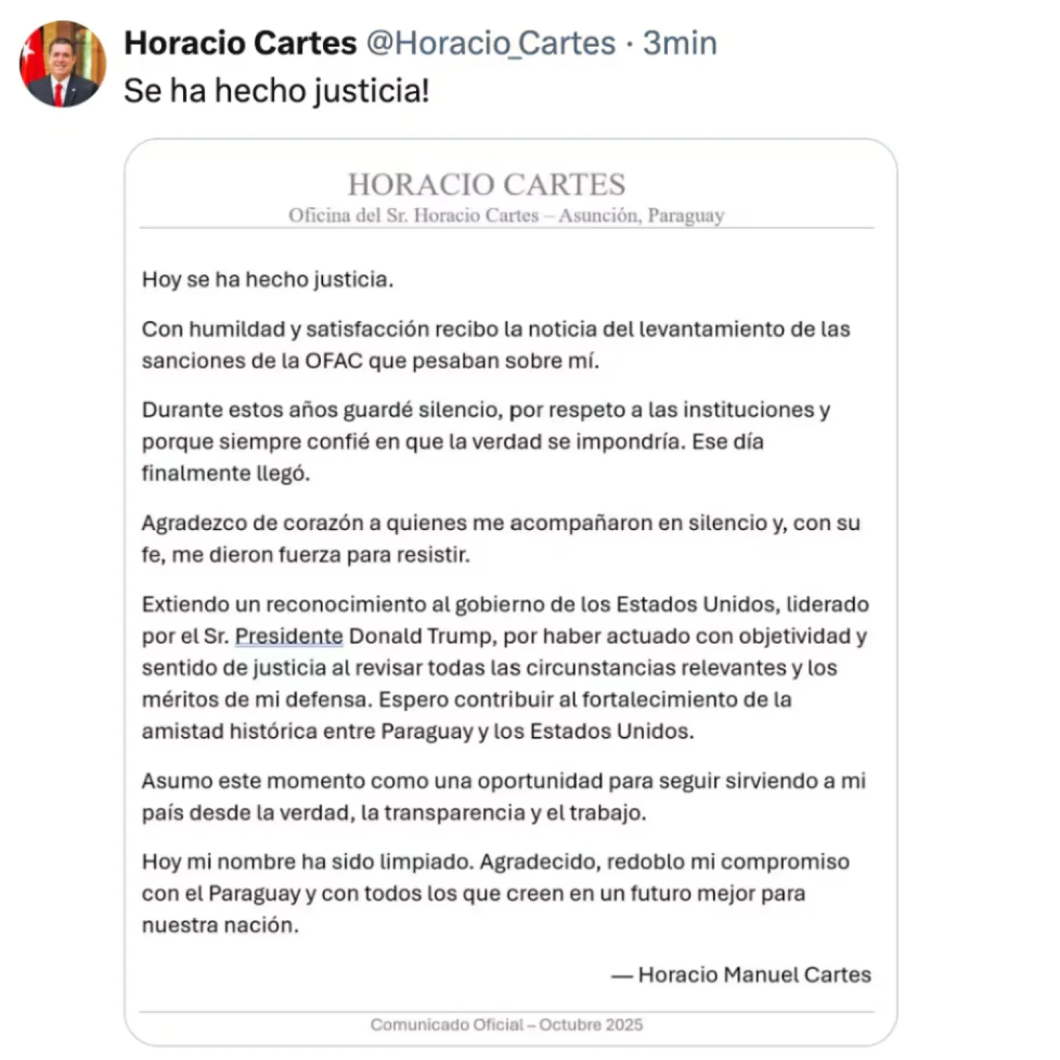 OFAC levanta sanciones a Horacio Cartes: “Hoy se ha hecho justicia”