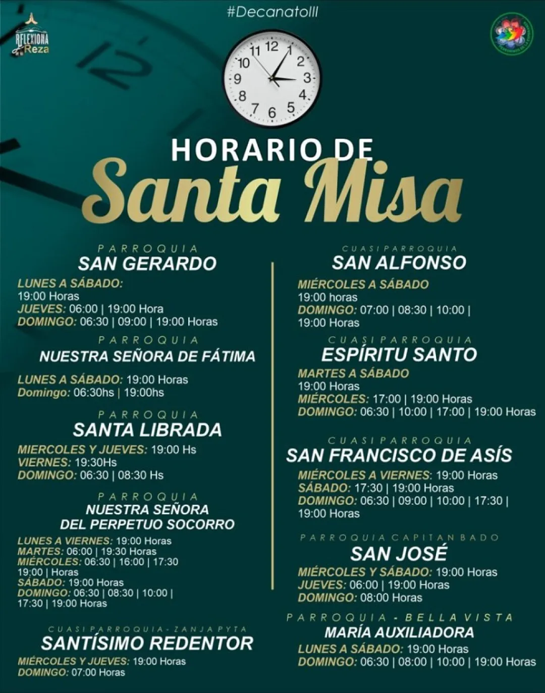 Horario de Santa Misa-Decanato III de la diócesis de la Santísima Concepción