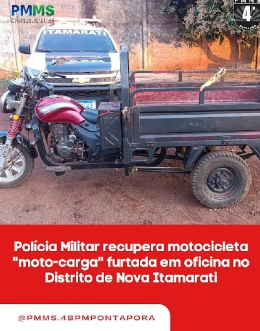 *Policía Militar recupera motocicleta "moto-carga" robada de un taller en el Distrito de Nova Itamarati*