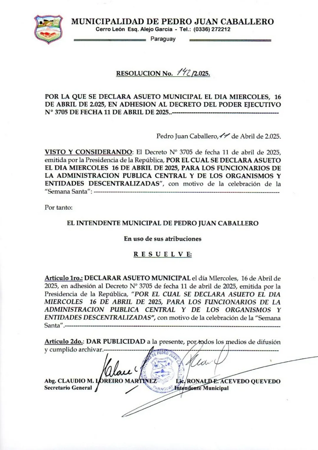 Municipalidad de Pedro Juan Caballero  se adhiere al asueto del miércoles Santo