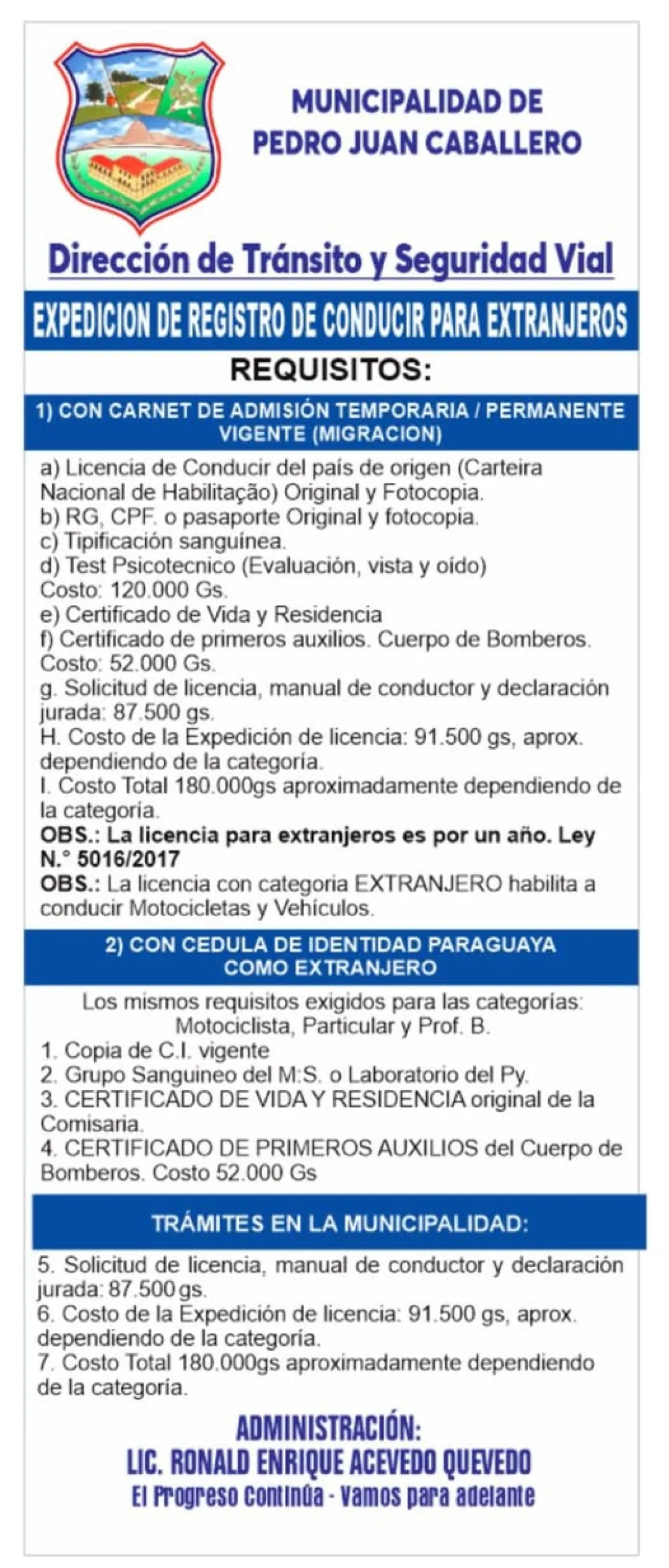 Departamento de tránsito da algunas informaciones sobre registro de conductor