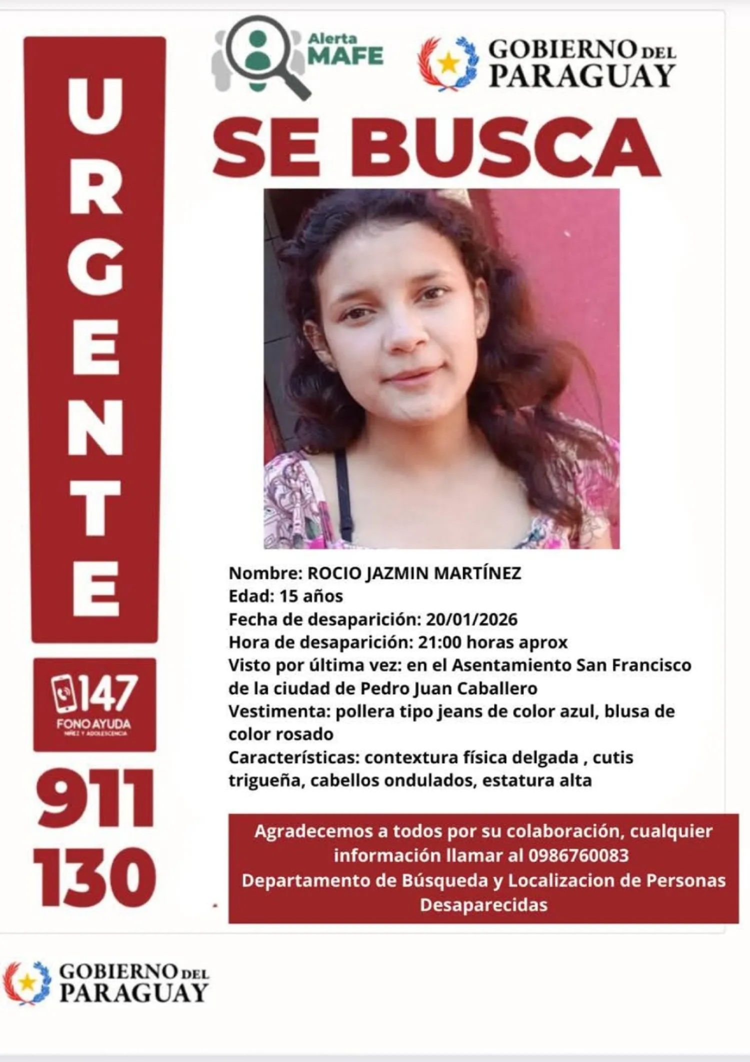 Adolescente de 15 años se encuentra desaparecida hace unos dias en nuestra ciudad