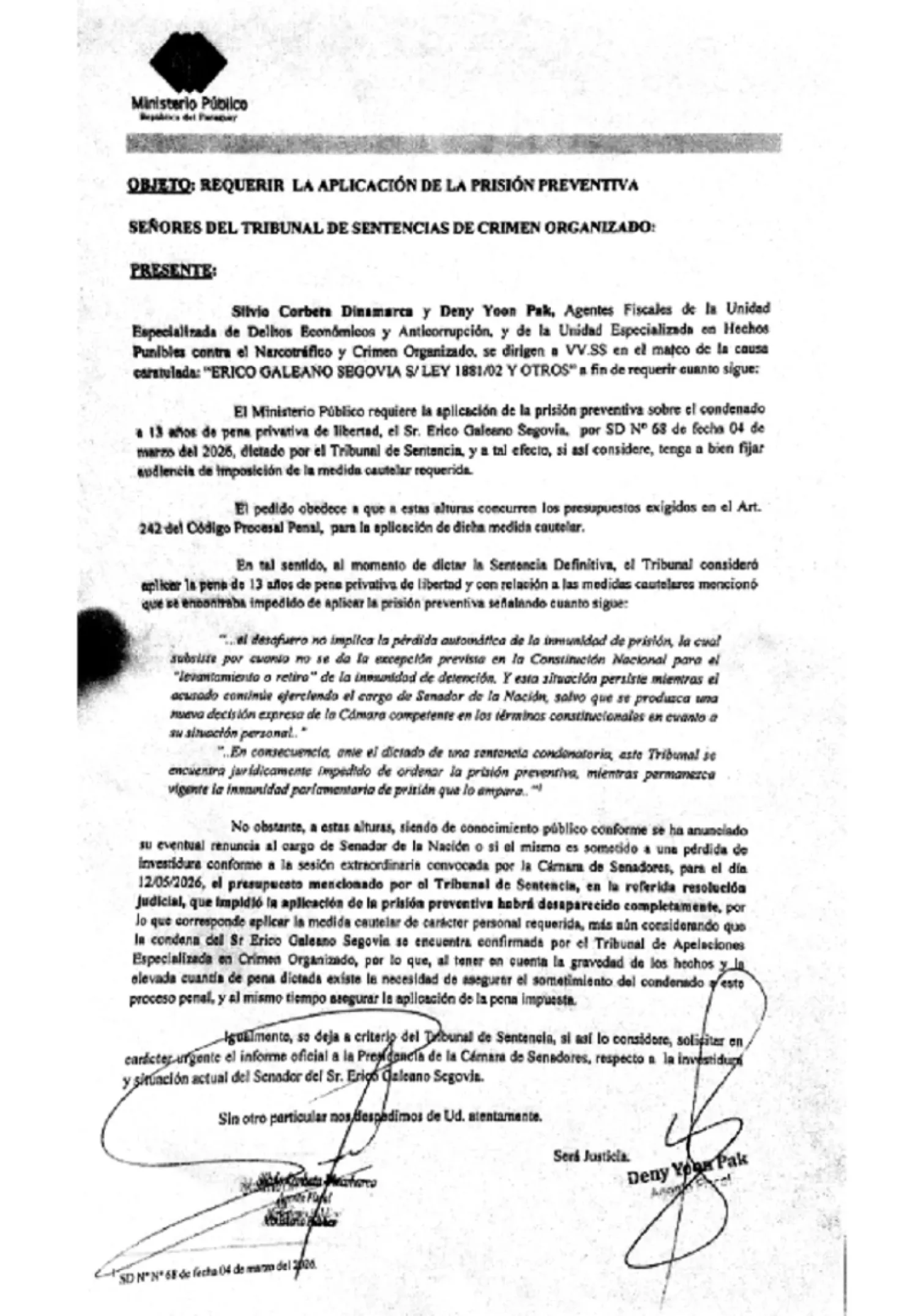 Fiscalía solicita prisión preventiva para Erico Galeano ante su renuncia del Senado