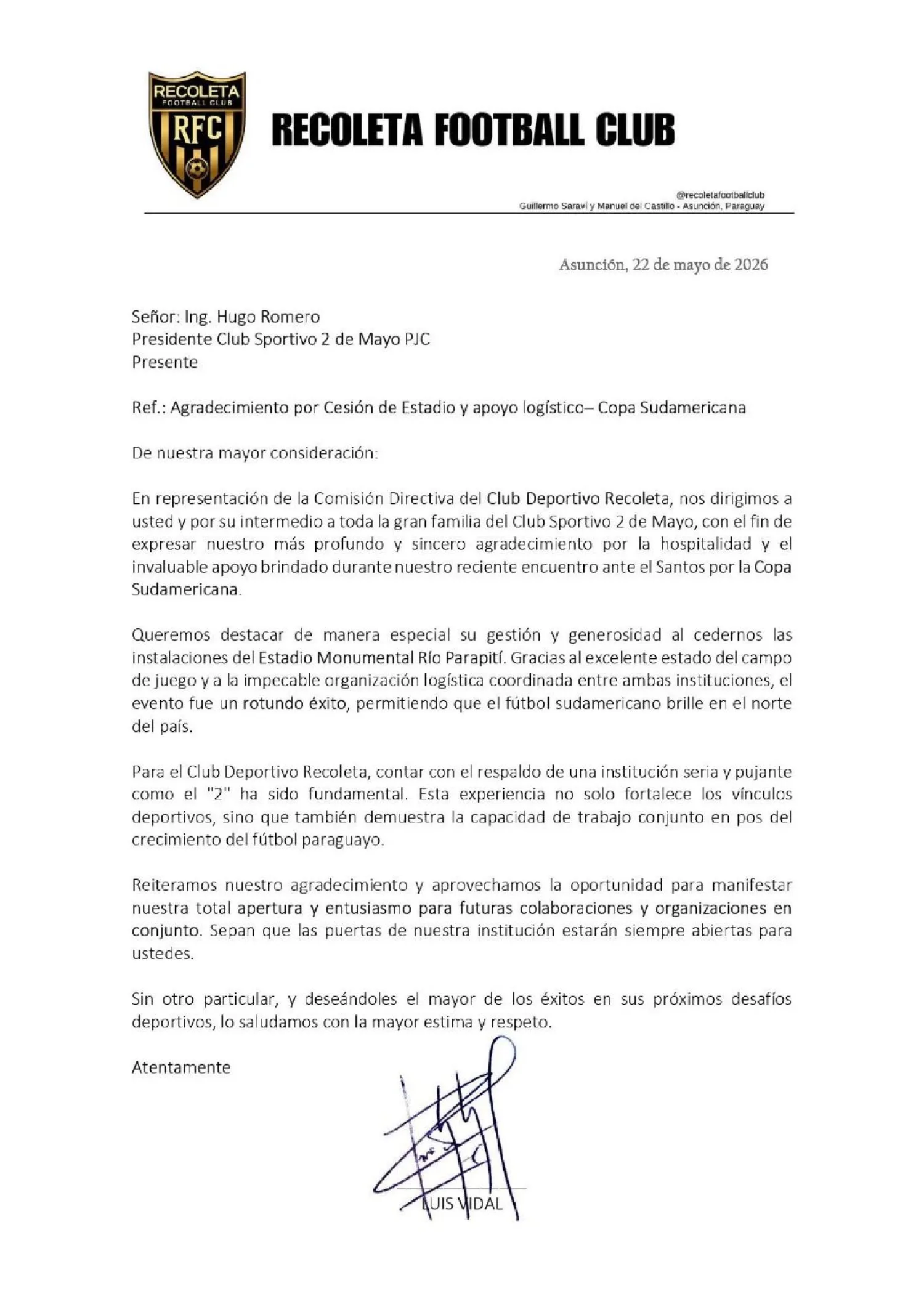 El Club Recoleta FC agradece por nota al 2 de Mayo por el préstamo de su su escenario