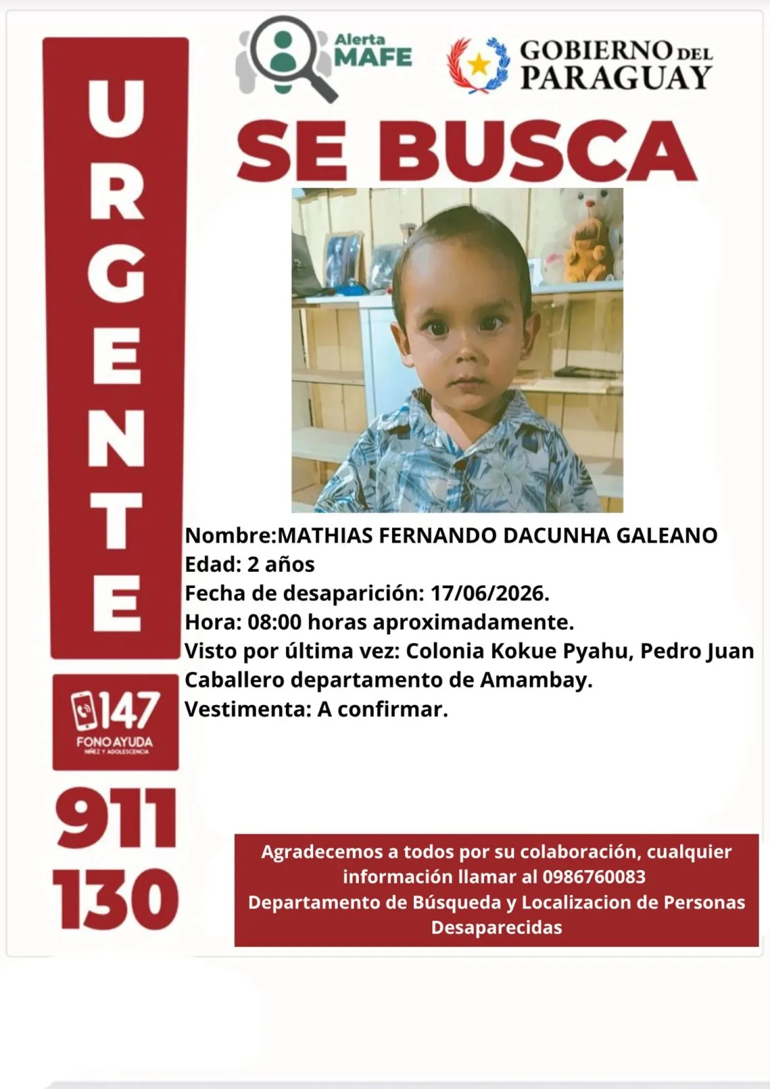 Buscan a niño de 2 años desaparecido en la colonia Kokue Pyahu