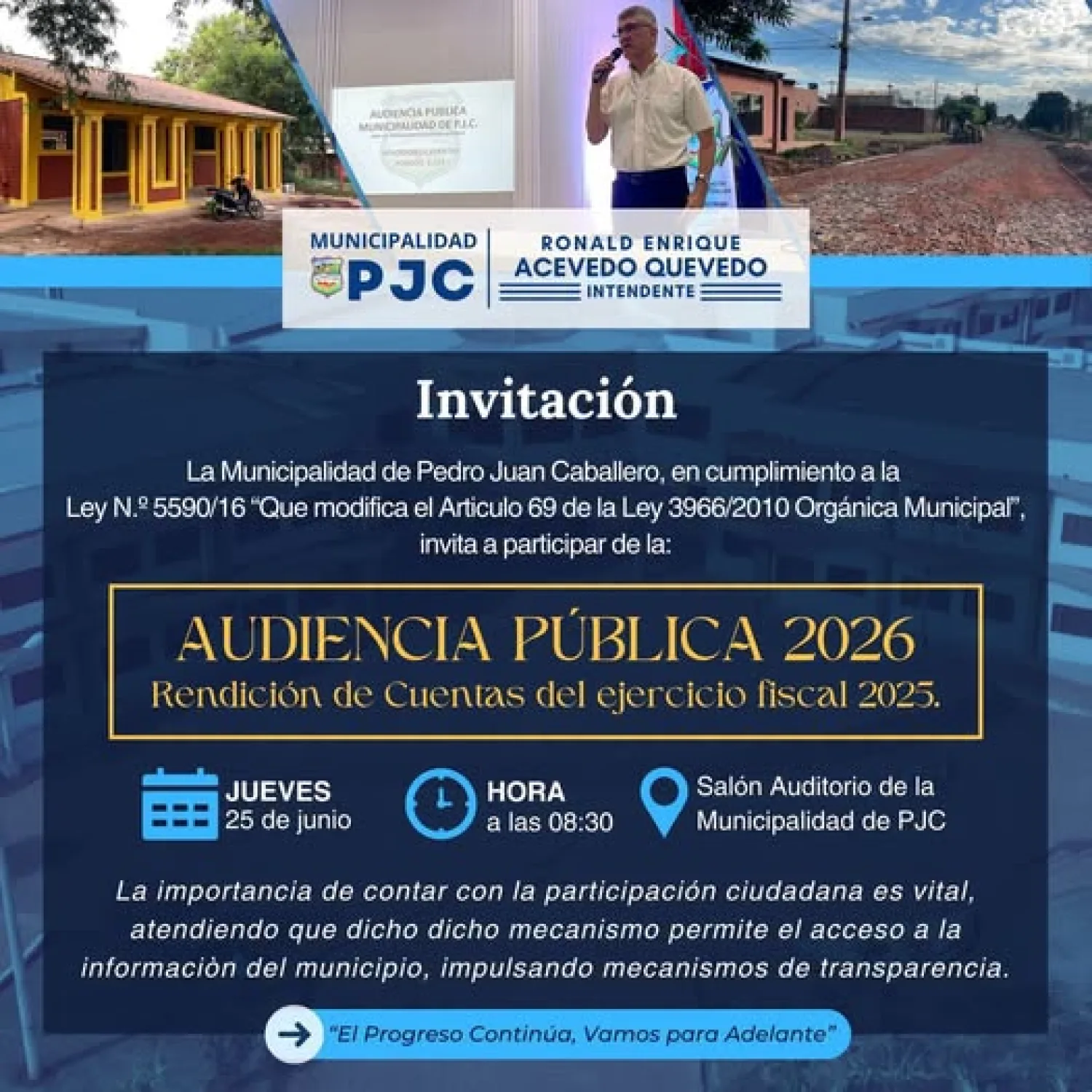 Este jueves el Intendente Municipal llevará a cabo una AUDIENCIA PÚBLICA para dar a conocer las gestiones realizadas durante el período 2025.