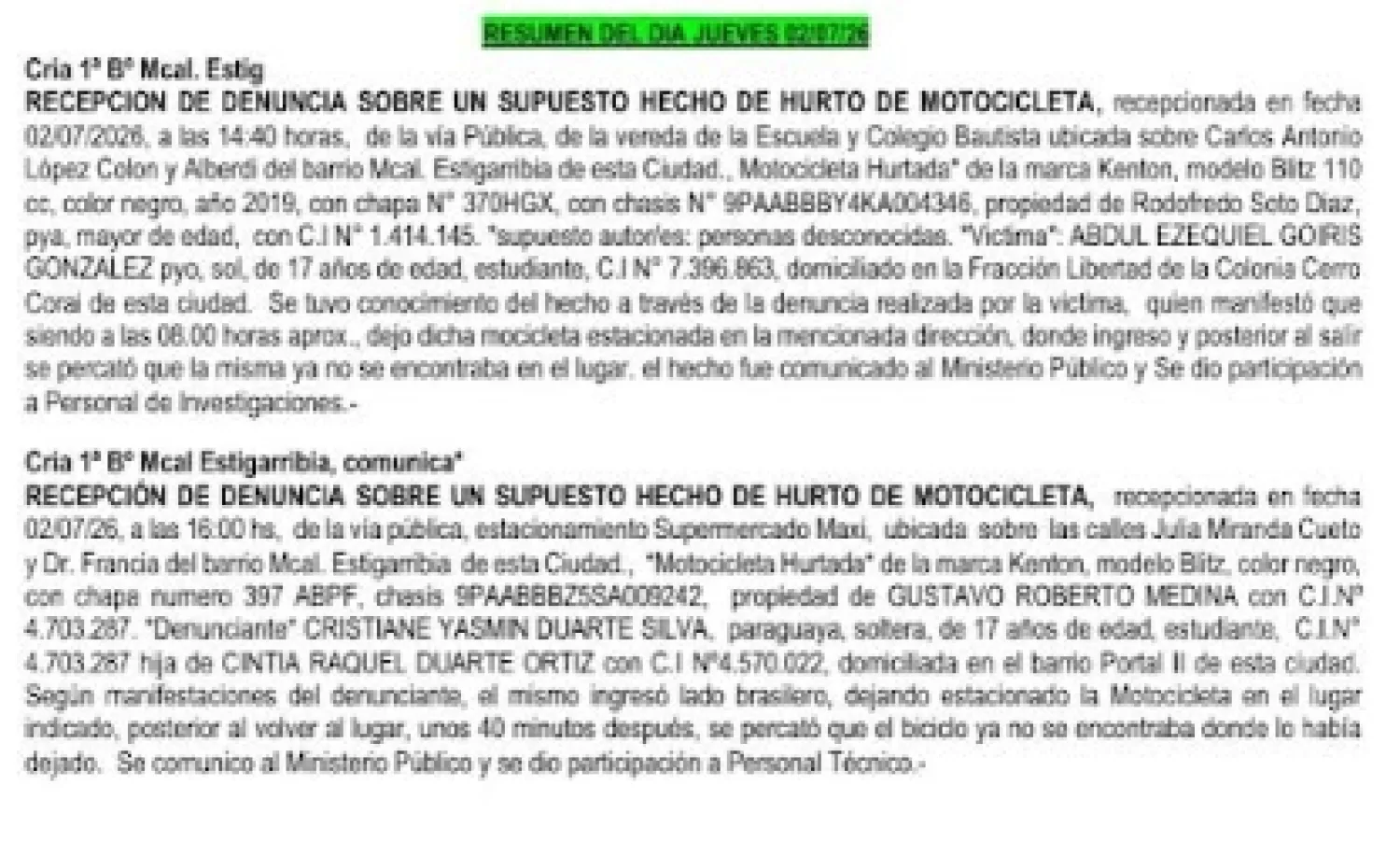INFORME POLICIAL DEL DEPARTAMENTO DEL AMAMBAY