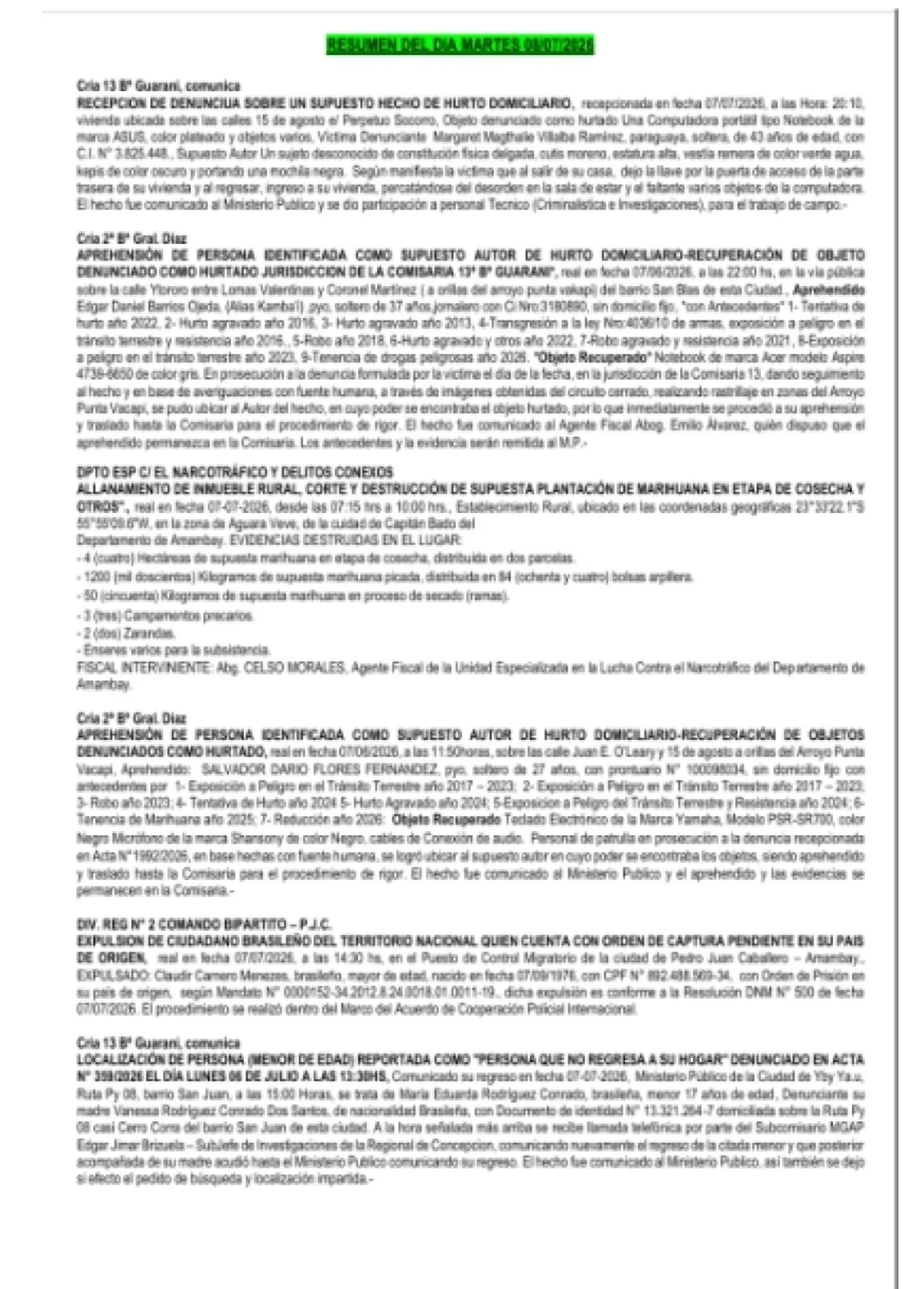 INFORME POLICIAL DEL DEPARTAMENTO DEL AMAMBAY