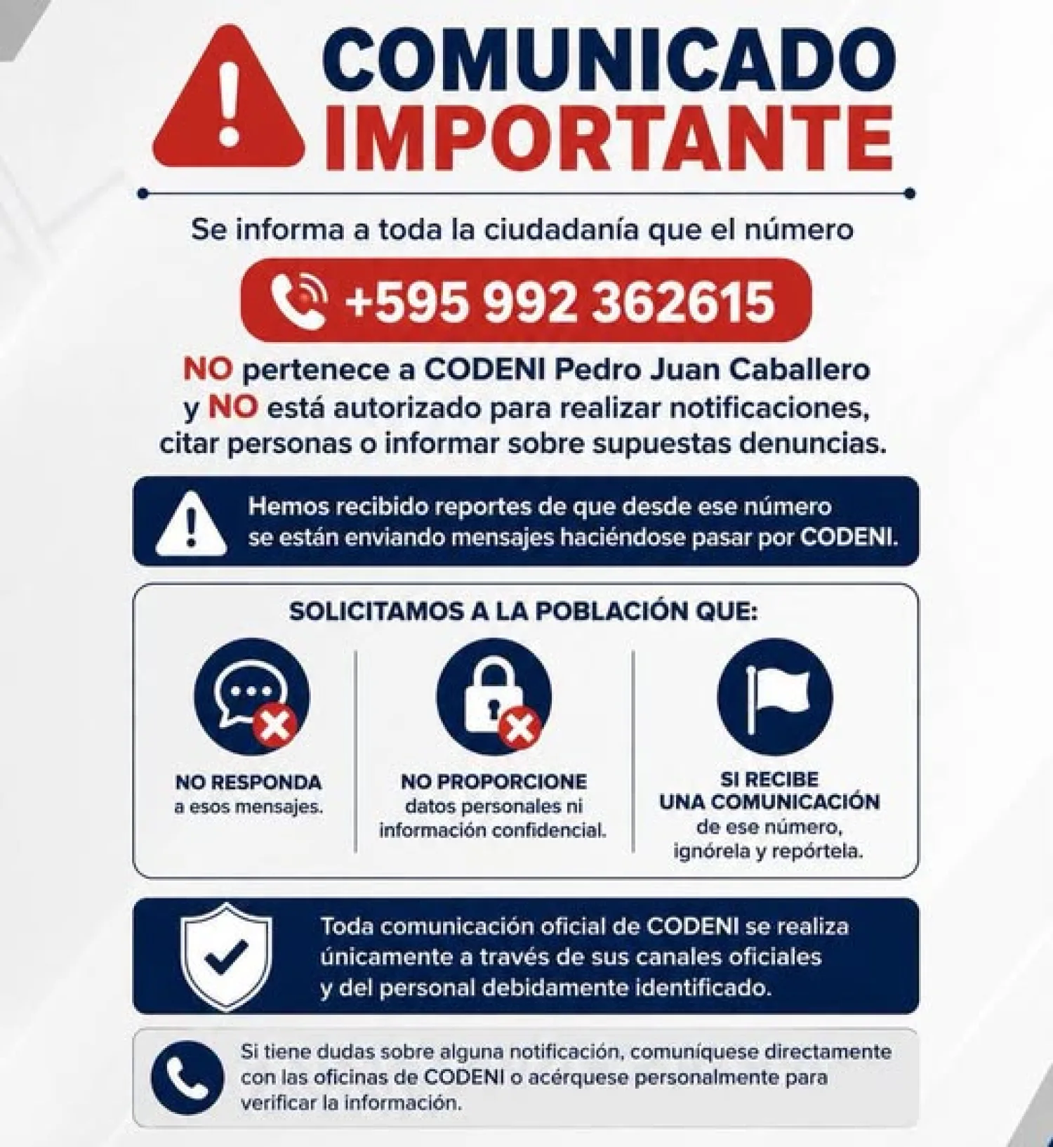 CODENI local aclara sobre supuesto número fraudulento