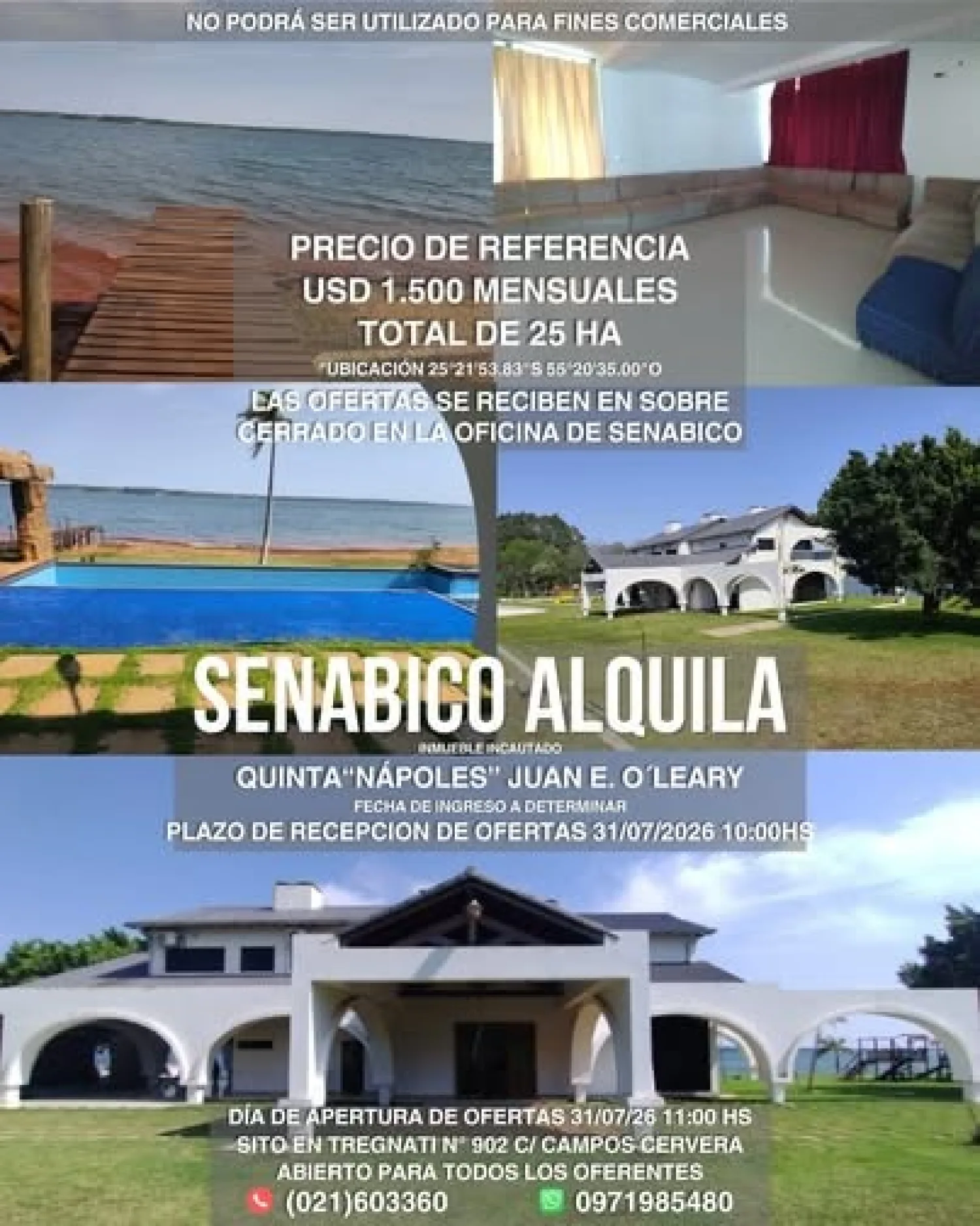 Senabico pone en alquiler la Quinta Nápoles de “Cucho” Cabaña