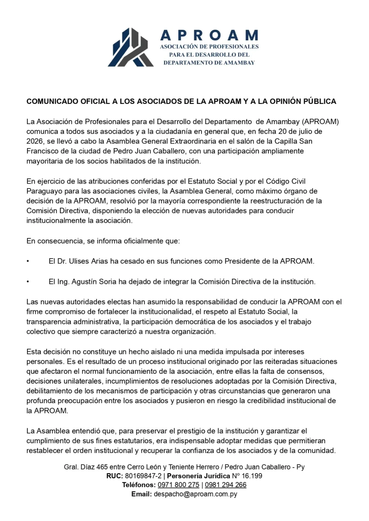 COMUNICADO OFICIAL A LOS ASOCIADOS DE LA APROAM Y A LA OPINIÓN PÚBLICA