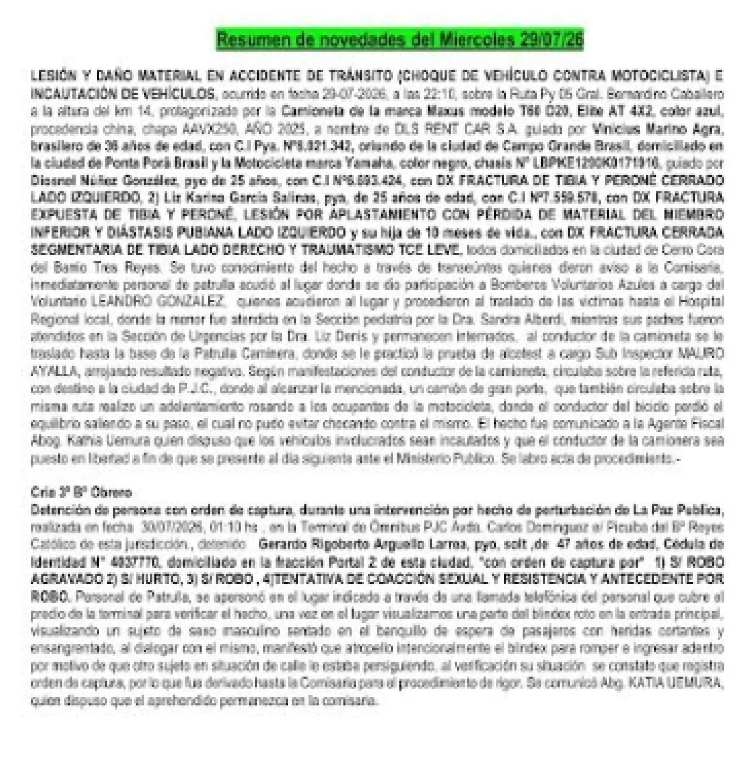 INFORME POLICIAL DEL DEPARTAMENTO DEL AMAMBAY