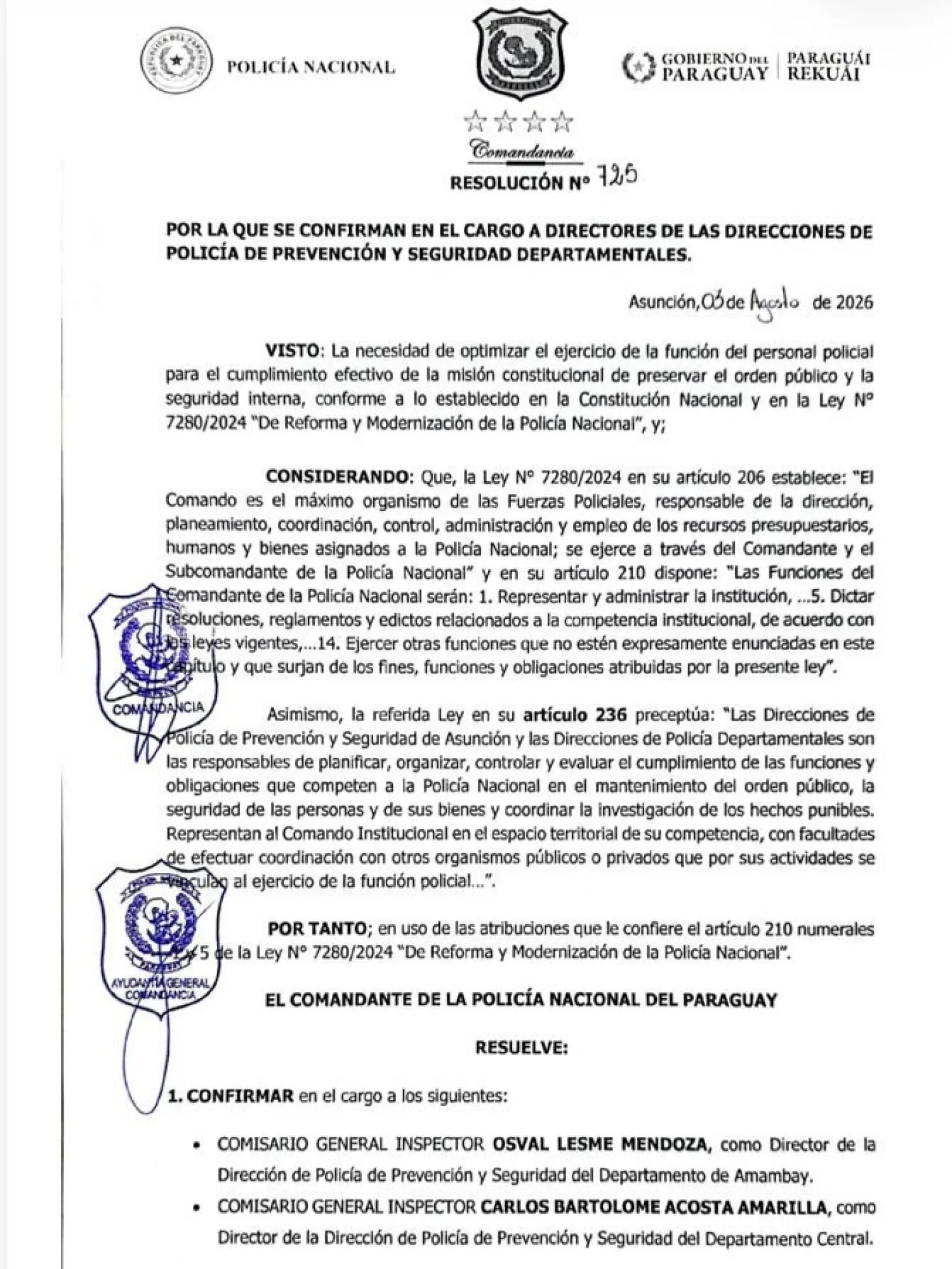 Confirman en sus cargos a altos jefes policiales en el Amambay