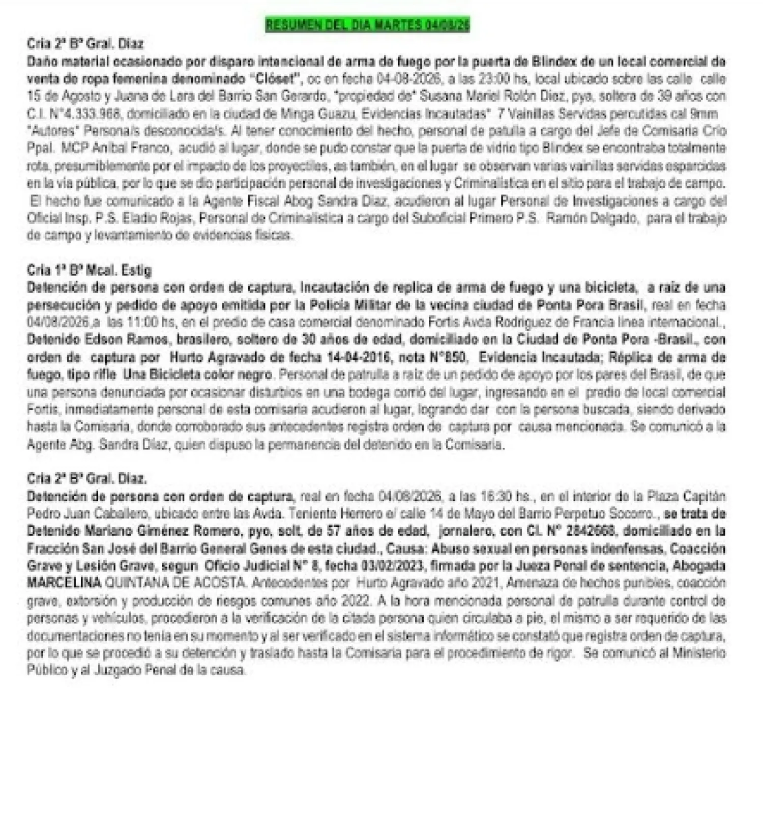 INFORME POLICIAL DEL DEPARTAMENTO DEL AMAMBAY