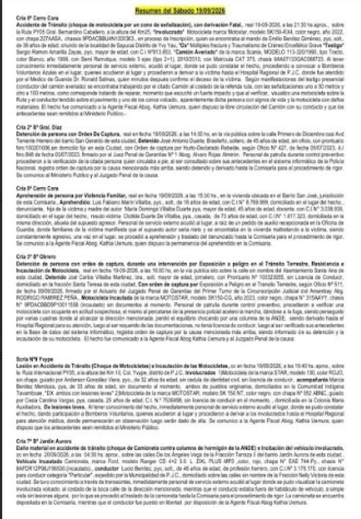 INFORME POLICIAL DEL DEPARTAMENTO DEL AMAMBAY
